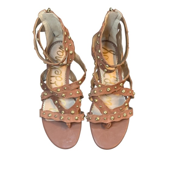 Sam Edelman Daya Beige Tan Studded Leather Suede Gladiator Flat Sandals Size-9 - Picture 1 of 8